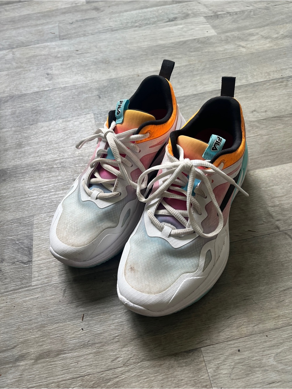 Fila White Sneakers with Teal, Orange & Pink Accents